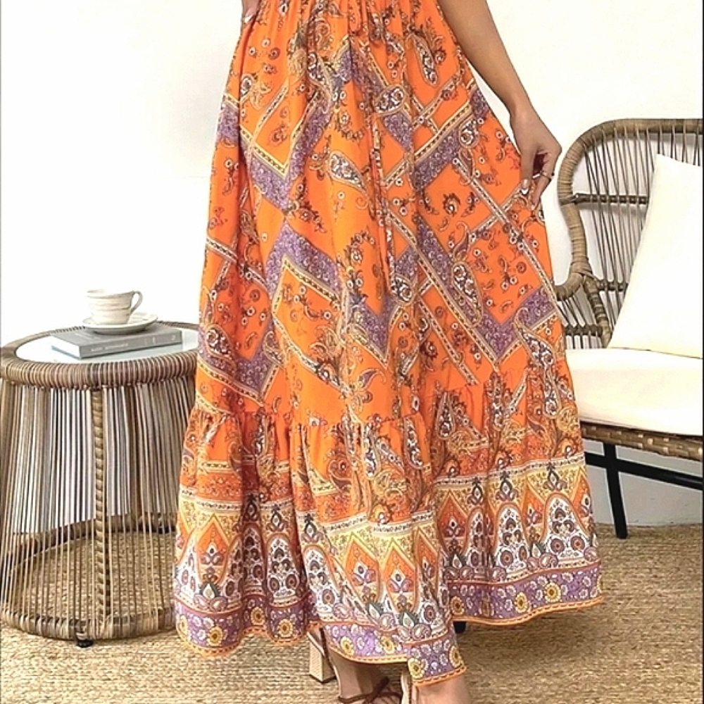 Maxi Skirt Orange Paisley Bohemian Style Fall Colors Skirts Outfit - Picture 6 of 8